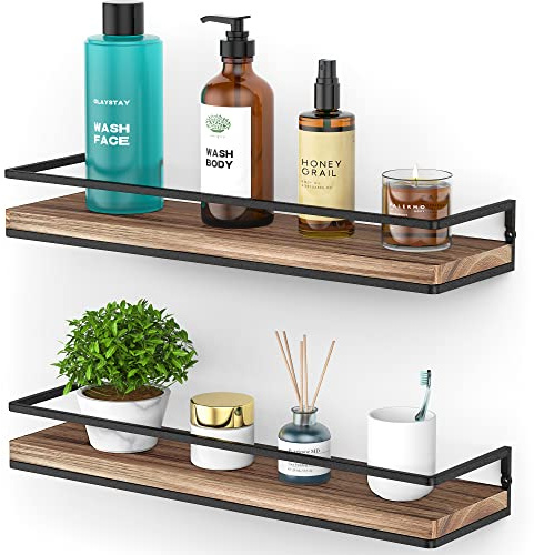 Meangood Floating Shelves Wall Mounted Set of 2, Rustic Wood Wall Storage Shelves for Bedroom,Living Room,Bathroom, Kitchen Torched Wood
