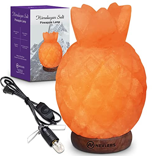 Nevlers Pineapple Shape Pink Himalayan Salt Lamp w/Wood Base| 7-8 lbs & 7- 8 Tall Himalayan Pink Salt Lamp w/Dimmer Cord & Light Bulb| 100% Salt Rock Lamp | Ambient Salt Crystal Lamp for Home Decor