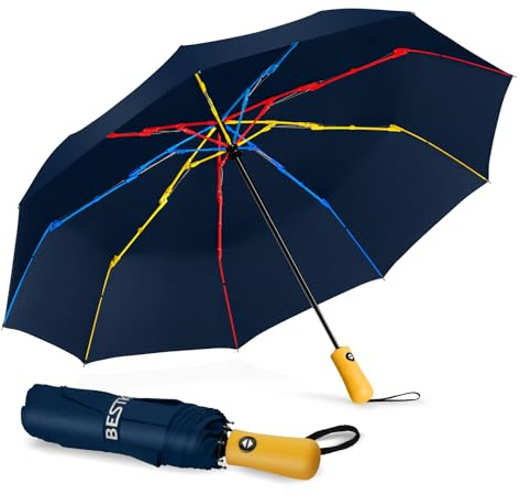 BESTKEE Paraguas resistente a las tormentas, paraguas de bolsillo con función de apertura y cierre automático, paraguas de viaje compacto a prueba de viento, ligero para mujeres y hombres