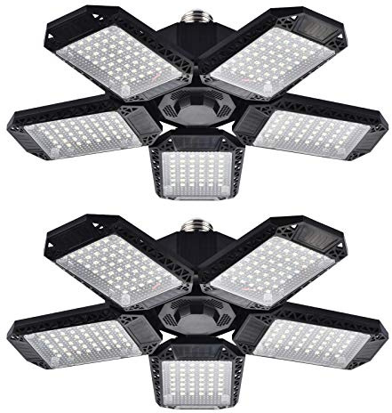 Mefflypee 2 Pack LED Garage Lights, 120W Deformable LED Garage Ceiling Light with 5 Adjustable Panels, 12000LM E26 Shop Lamp for Basement, Barn, High Bay, Store (2 Pack)