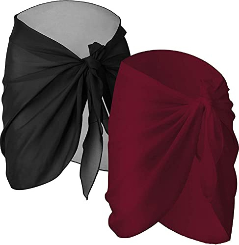 JFAN Traje de Baño para Mujer Bikini Cubierta Falda de Chifón Pareo de Playa Piscina Vacaciones Negro+Borgoña