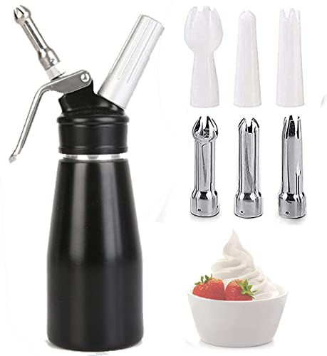 Comforty Cream Dispenser Stainless Steel 250 ml, Stainless Steel Cream Syphon with 6 Decorative Nozzles and 1 Cleaning Brush, Stainless Steel Cream Dispenser for Creams and Sauces