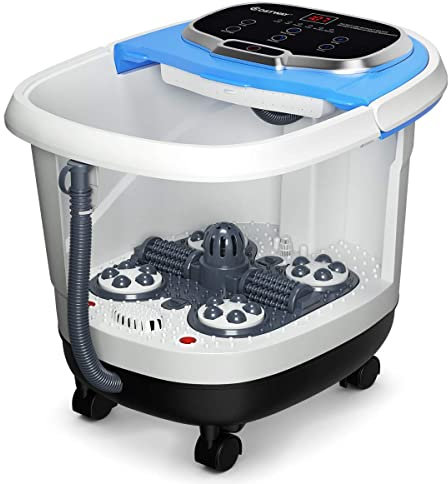 GYMAX Pediluvio Idromassaggio Elettrico con Funzione di temporizzazione, Massaggiatore Piedi con Idromassaggio Plantare e Riscaldamento dell’Acqua, 44x36x36 cm (Blu e Bianco)