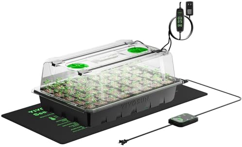 VIVOSUN 1 x 40-cells frö startbricka med 1 uppsättning LED-lampor och 25 x 52,7 cm värmematta, 9,1 cm högre överdrag, justerbara ventiler, dräneringshål,