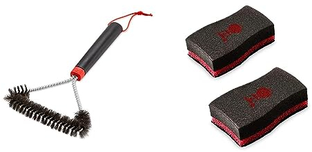 Weber Three-Sided Grill Brush Dreiseitige Grillbürste, 30 cm, Schwarz/Silber, 6277 & 17688 Reinigungsschwamm, 2 Stück, 25.0 x 6.0 x 9.0 cm