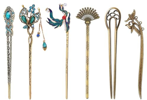 6 Stücke Chinesischer Haarstab Vintage Haar Stick Haarklammern Metall Haarnadel Bronze Dekorative Haar Sticks Essstäbchen Vintage Haarnadel für Haar DIY Zubehör (6 Stile)