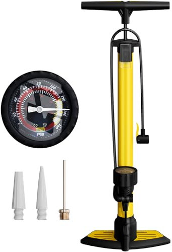 unycos - Fahrrad-Fußpumpe (160 PSI/11 Bar), Tragbare Luftpumpe mit Professionellem Manometer für Presta- und Schrader-Ventile, zum Aufpumpen von Reifen, Luftballons und Ringen (Gelb)