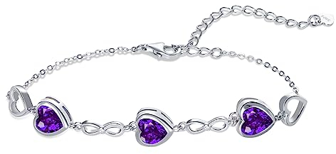 Qings 3 Herz Amethyst Geburtsstein Armband Damen Silber 925 Februar Infinity Unendlichkeit Armkette mit Zirkonia Charms Verstellbar Kristall Armbände Geburtstag Weihnachten Geschenk für Mädchen Ihr