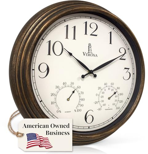 Relojes para Exteriores para Patio, Grandes, Impermeables, con termómetro | Reloj de pared de bronce resistente a la intemperie para interiores y exteriores, temperatura y humedad, preciso