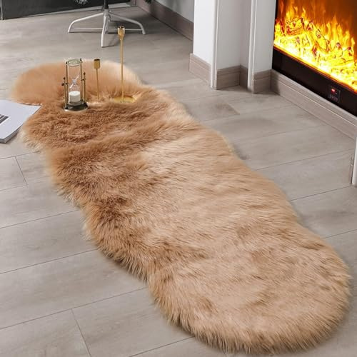 JXLOULAN Soft Fluffy Faux Sheepskin Rugs Light Brown 60x160 cm Faux Fur Area Rugs for Bedrooms Living Room Kids Rooms Décor