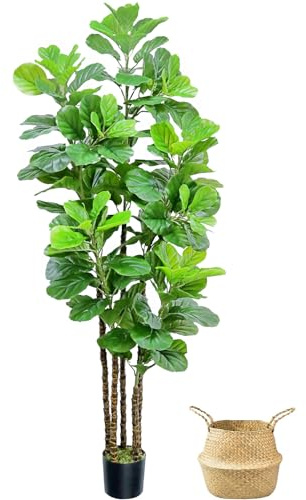 ROOMTEC Artificial Fiddle Leaf Fig Tree,7 FT Tall Artificial Tree with Woven Seagrass Plant Basket Fake Floor Plant in Pot for Home Decor Living Room Indoor Outdoor Office Bedroom Decor