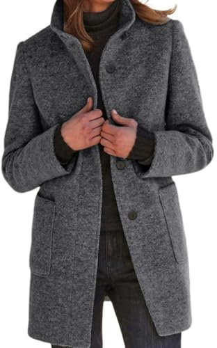 CHARTOU Women Winter Long Pea Coat Wool Blend Stand Collar Single Breast Thicken Blazer Jacket (X-Large, Grey)