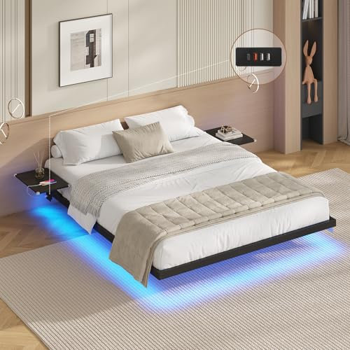 AOGLLATI Lit 2 Personnes avec 2 Étagères de Chevet,Cadre de Lit 160 x 200 avec Sommier Métal,Multiprise et Éclairage LED, 24 CM de Rangement pour Chambre, Noir