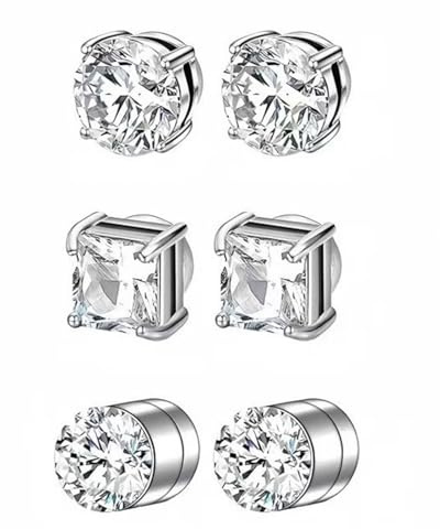 CULEB 3 Paires Boucles d'Oreilles Magnétiques pour Hommes,6 Mm Boucle d'Oreilles Magnétiques en Acier Inoxydable non Percées,Unisexe,Argent,Rond/Carré