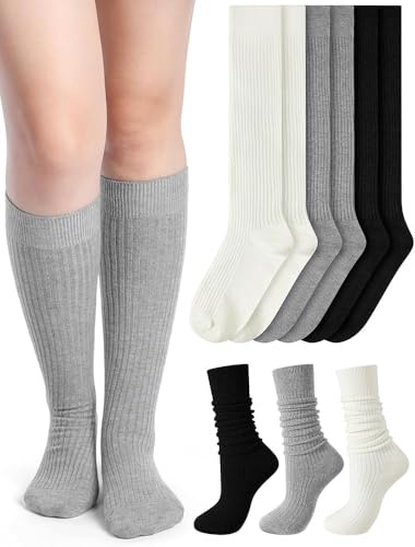 Simpcomf Calzini alti al ginocchio da donna, calzini larghi in lana calda lavorata a maglia, calzini lunghi da stivale per donne e ragazze, bianco nero, UK4-7, 4-7