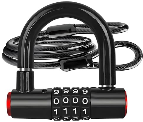 V·RESOURCING Bike Lock Set: 4 Digital Combination U-Lock & 4 ft x 1/2 Flexible Steel Sealed Looped Ends Cable,Heavy Duty Anti-Theft U Lock for Road Bike, Electric Bike, Mountain Bike, Folding Bike