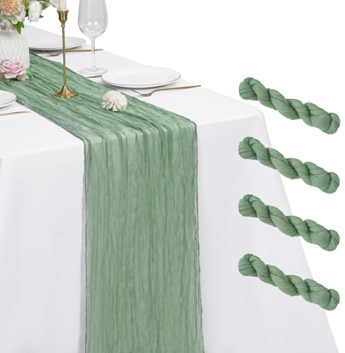 Pesonlook 4-pack ostduk bordslöpare, salviagrön, lång, 53 x 305 cm | 30 m rustik boho-gas-bordslöpare, skrynklig textur, mjuka, romantiska dekorationer för bröllopsfest middag hem