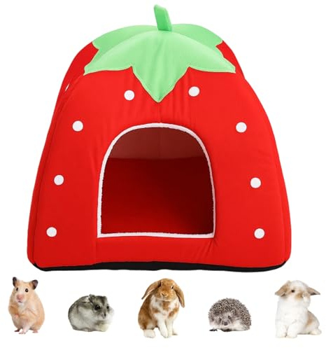 QXCFTW Guinea Pig Bed, Rabbit Bed, 26 * 26cm Guinea Pig House, Non Slip Strawberry Hedgehog House, for Hamster, Rabbits, Ferrets, Hedgehogs, Cozy Cave for Sleeping and Resting, Portable and Warm