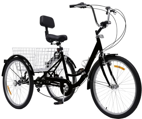 Dokiiovo Dreirad für Erwachsene, 24 Zoll Fahrrad mit Korb, Dreiradfahrrad mit LED Licht, 3 Räder, 7-Gang-Getriebe, 120 kg Tragkraft (Schwarz)