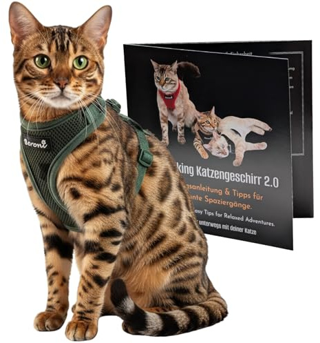 Pettorina per gatti Easy Walking 2.0 anti-eruzione, regolabile, non sopra la testa del Bengal, Maine Coon per gatti piccoli e grandi (verde mimetico, M)