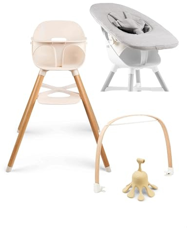 Ziza Baby Hochstuhl Newborn Set Pearl/Grau - Kippsicherer & ergonomischer Kinderstuhl mit Neugeborenenaufsatz, Hochwertiges Babyset mit Spielbogen & Spielzeug