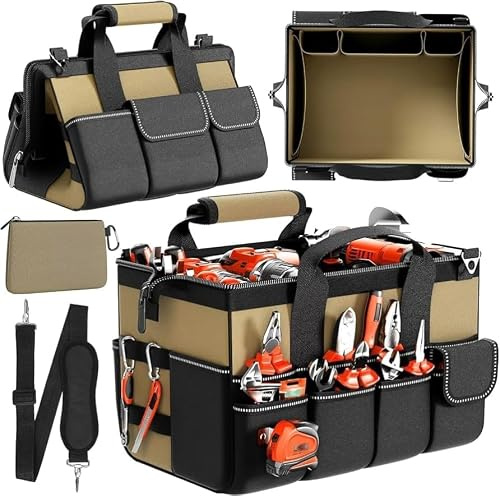 WELDUN Tool Bag 15.5 Inch, 17-Pocket Portable Tool Box Organizer Storage | with with 1 Pouch, Adjustable Strap, Soft Handle, 39.5x25x26cm Heavy Duty Tool Bags for Men Gifts for Fathers Day (Khaki)