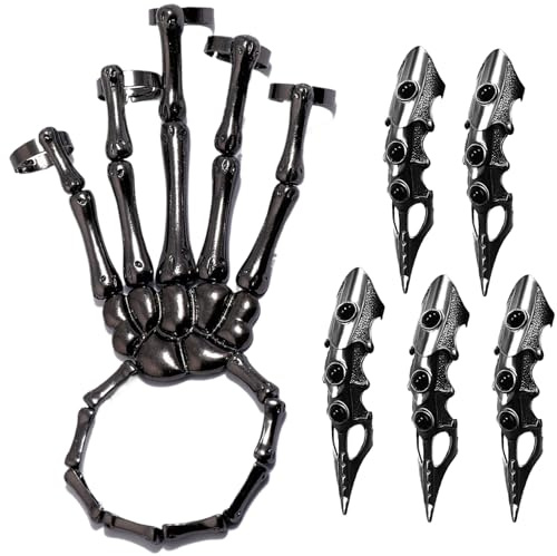 Xoeryoy Skelett handarmband med 5 st fulla fingerringar punk gotiska smycken med rörlig fogpläterad legering halloween smycken för Cosplay, fest, kostym, svart