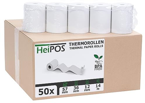 HeiGroup HeiPOS - 50x Kassenrollen Thermorollen - 57 mm x 14 m x 12 mm - 55 g/m² Papier - Für EC-Cash, Kreditkarten Kassensysteme und mehr