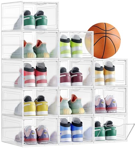 SONGMICS ULSP032W12 - Cajas de zapatos, juego de 12, almacenamiento de zapatos de plástico transparente, caja apilable, puerta frontal caída, hasta talla 11 de EE. UU., fácil montaje, 13 x 9.8 x 7.1