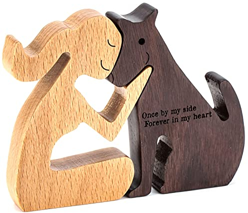 NUACOS Handgefertigte Hundestatue Holz Hundeliebhaber Geschenke Holzskulptur Hundefigur Frau und Hund Minimalistisches Dekor für Schlafzimmer, Heimbüro, Regal