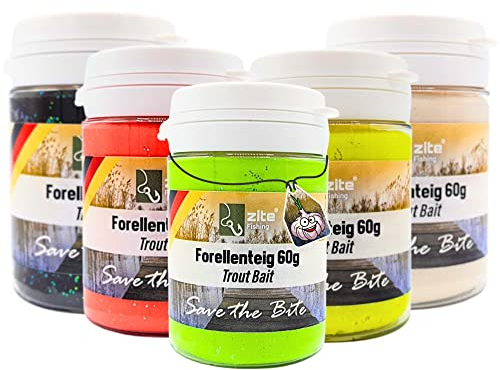 Zite Fishing Forellenteig mit Knoblauch-Aroma 60g – Fängige Forellenpaste Schwimmend als Forellenköder – Trout Bait Teigköder in knalligen UV-Neonfarben mit Glitter (5er Mixbundle)