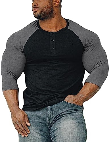Hombre Cono Camisa de Hombro de Henry de 3/4 Mangas Negro-Gris Oscuro L