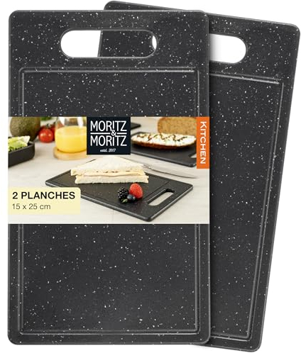Moritz & Moritz Lot de 2 planches à découper en plastique avec rainure à jus aspect granit – 25 x 15 cm – Planches à découper sans BPA – Planche à découper hygiénique et passe au lave-vaisselle