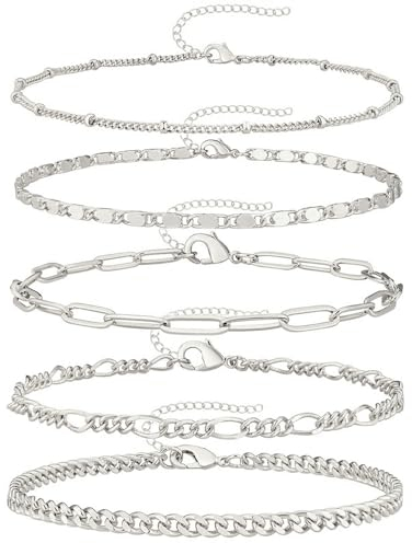 Wnddle 5Pcs Ketten Armbander für Damen, Kette Armbänder Set für Frauen, Edelstahl Armbänder Set Für Damen Silber Gold Armband Verstellbar, Link Armband Schmuck Geschenk für Mädchen Freundin. (Silber)