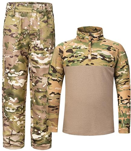 QIYUANT Kinder Outdoor T-Shirt Militärhose Sets Taktisch Sommer Airsoft Militär Camouflage Kampf Jagd Wandern Camping für Junge Mädchen Herren Damen (CP/Hemd + Hose, 160)