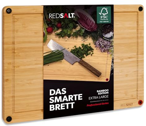 REDSALT® Planche à découper innovante en bois de bambou XL 50 x 36 x 2,5 cm | Antidérapante des deux côtés | Antibactérienne | Grande planche en bois de qualité supérieure pour cuisine barbecue