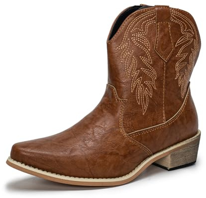 Halfword Women's Western Cowboy Boots Cowgirl Boots Classic Pointed Toe Chunky Heel Mid Calf Ankle Boots LightBrowm UK 4