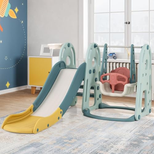 RELAX4LIFE Set di Scivolo 4-in-1 per Bambini, on Altalena Regolabile in Altezza, Scalatore, Canestro da Basket e Pallone, Pompa, Parco Giochi Autonomo per Bambini 18 Mesi +
