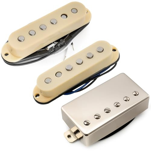 Musiclily Pro ST-60SE Alnico 5 Staggered Single Coil Pickups and Covered Humbucker ST-HSS Neck Middle Bridge Pickups Set for Strat Style Electric Guitar, Cream
