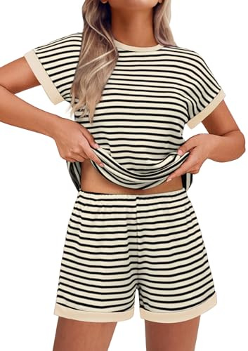 Ekouaer 2 Piece Sets for Women Summer Outfits Cute Stripe Knit T Shirts Shorts Matching Lounge Set Beige Striped M
