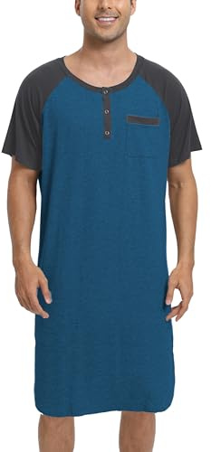 Enjoyoself Camisón Hombre Dormir Camisetas de Pijama Algodón Larga Suave Transpirable Camisa de Noche de Manga Corta Camison Hospital Ropa de Dormir para Descansar Azul+Gris Oscuro XXL