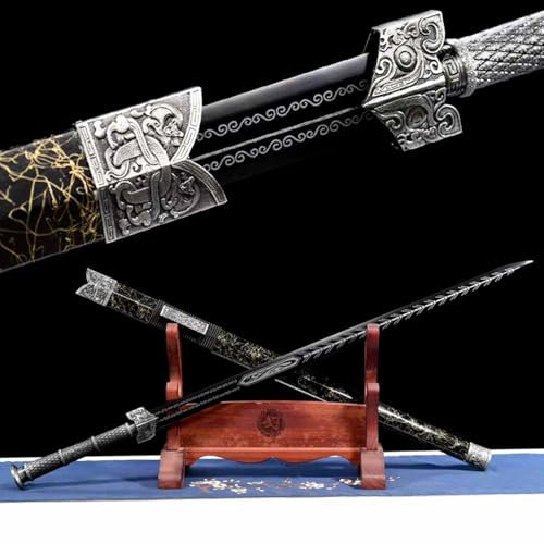 KWXPW 109 cm chinesisches Schwert,Manganstahl Klinge mit schwarzem Carving-Verfahren,Holzscheide,Handgefertigt real Gerades Schwert für Geschenke,Displays,Sammlungen,Cosplay,Requisiten