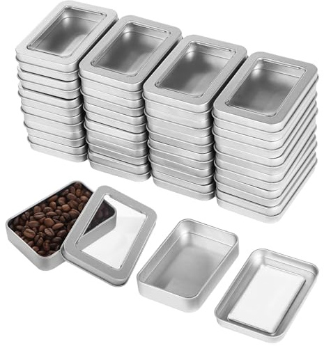Homaisson 48 PCS Metal Tin Boxes with Transparent Lid, Rectangular Storage Box for Jewelry, Cosmetics, Stationery, and Nail Tools
