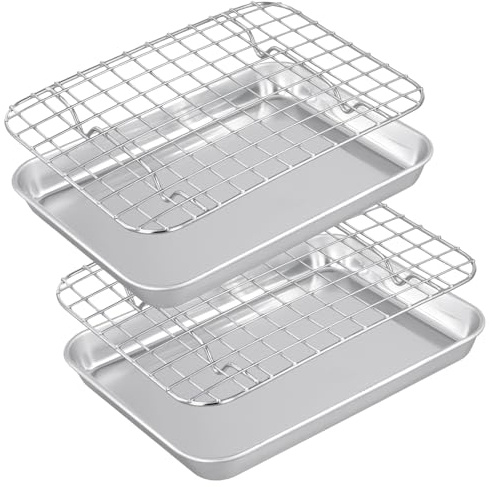 HEIYUET 4 stycken bakplåtar i rostfritt stål med kylgaller, diskmaskinssäker, rostfritt stål, ugnsplåt, bakplåt med galler, set för bakning, stekning, servering, 26,5 x 20,5 x 2,5 cm