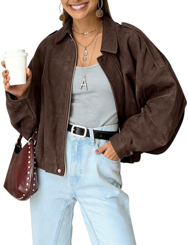 Kissonic Womens Faux Suede Bomber Jacket Oversized Batwing Long Sleeve Zip Up Cropped Coat Streetwear, Coffee, M