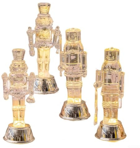 Set di 4 decorazioni schiaccianoci a LED trasparenti, figure da 14,5 cm con luce calda, batteria inclusa per tavolo di Natale, caminetto e centrotavola natalizio
