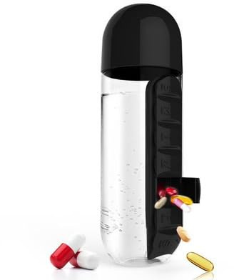 Taicols 2 en 1 Bouteille multifonction pour l'eau pour la conservation des médicaments Boîte du planificateur Conteneurs des cas de médecine de voyage 7 jours Bouteille portable (Noir)
