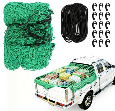 LUKYLUM Cargo Net for Pickup Truck 1.5x2.2m, Green | Cargo Netting for Vans, Motorcycle, Car Ceiling, Safety Trailer Net, Heavy Duty Cargo Netting, 15 Hooks,10M Elastic Cord