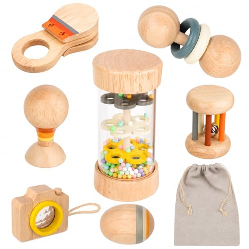Montessori Baby Spielzeug Holz, 7-teiliges Baby Rassel Set mit Regenmacher, Holzspielzeug Baby ab 0-12 Monate, Sensorik Musikspielzeug mit Stoffbeutel, Geschenk für Jungen Mädchen