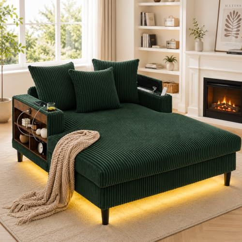 Chaiselongue de Pana con LED y USB, Salón, Esmeralda, 129x170x70 cm